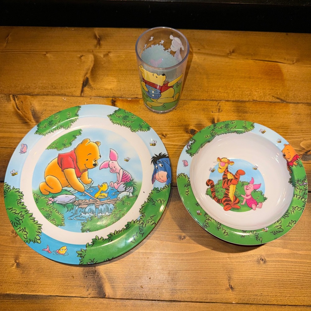 Disney Winnie the Pooh Melamine Plate Bowl and Glitter Cup Set Home Presence
